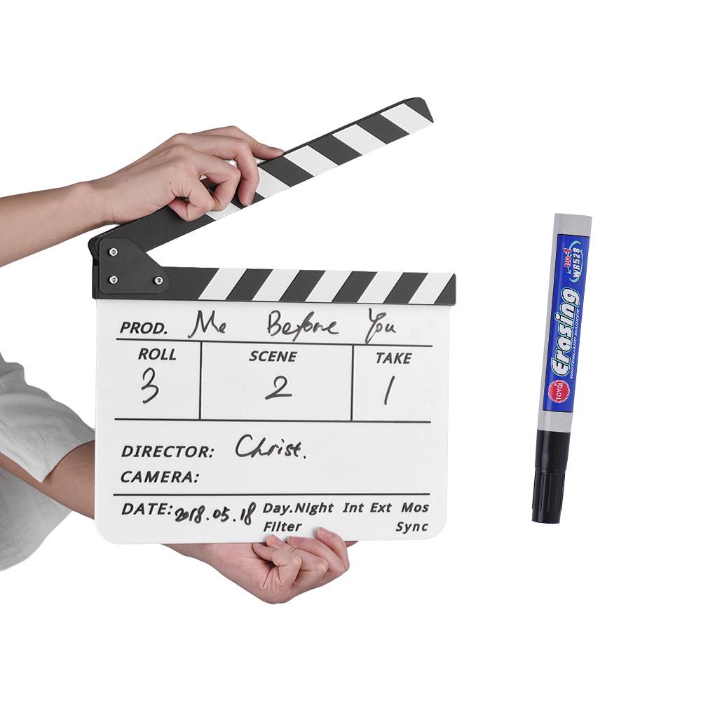 Professional Acrylic Clapboard Dry Erase TV Film Movie Director Cut Action Scene Clapper Board Slate With Marker Pen Eraser