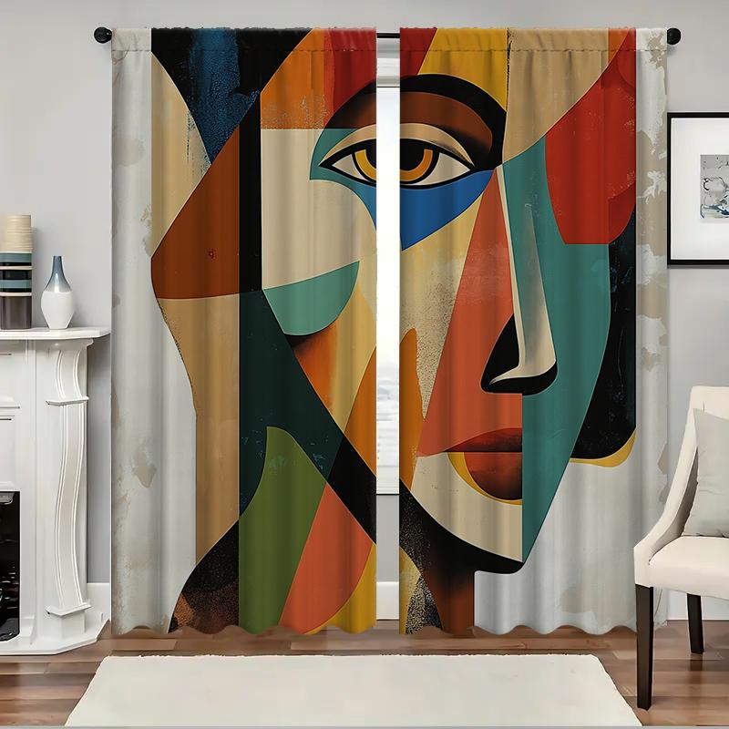 2PC Home Colorful Facial Features Curtains With Landscape Background And Pole Pocket Curtains, Kitchen, Coffee Shop, Living Room