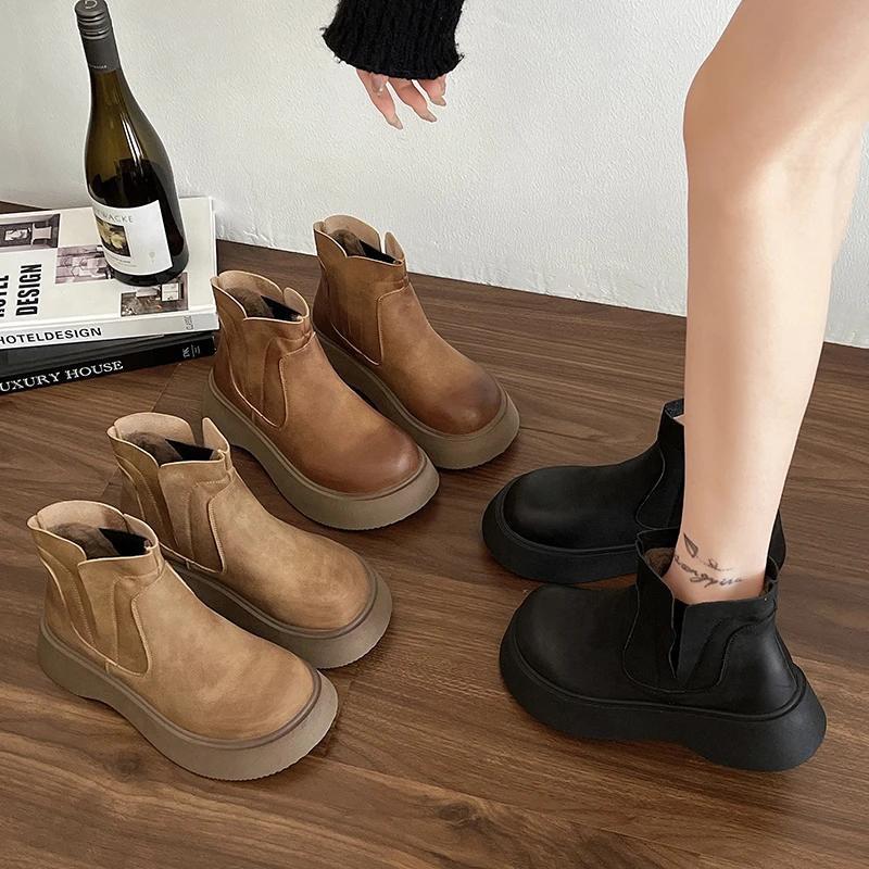 2025 Winter New Women Short Plush Warm Snow Boots Casual Shoes Suede Fur Chelsea Ankle Boots Flats Platform Ladies Shoes Botas