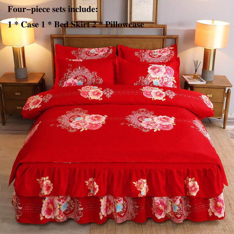 

Четыре комплекта больших красных юбок для кроватей, двойная противоскользящая кровать, покрывало для односпальной кровати, принадлежности для свадебной кровати Queen