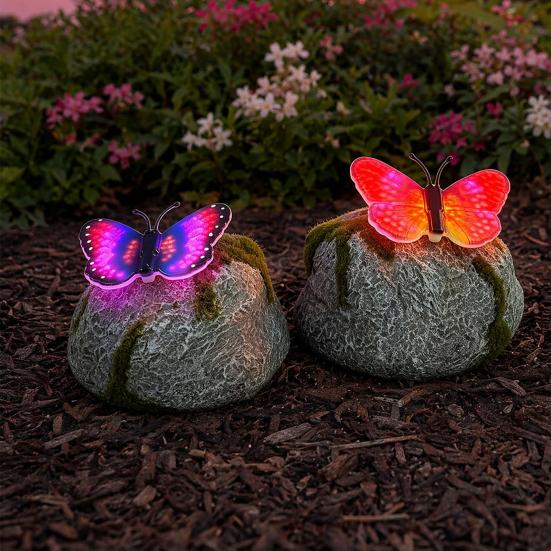 Yousheng Solar Butterfly Stone Light, Resin Garden Decoration with Natural Stone Look, Soft LED Outdoor Lamp for Lawn Pathway