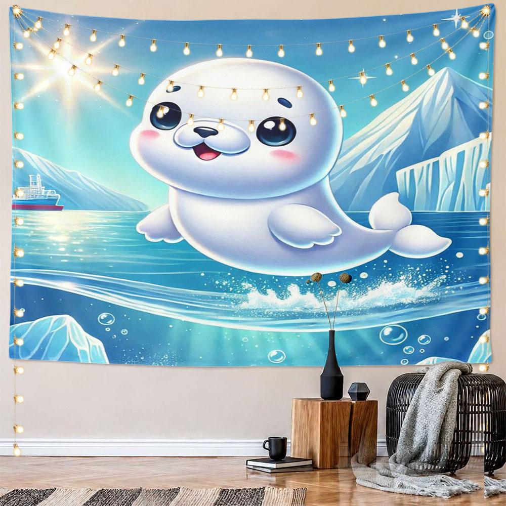 Cute Arctic Seal In Icy Ocean Scene Pattern Wall Hanging Tapestry Decorative Tapestry Home Decor for Bedroom and Living Room