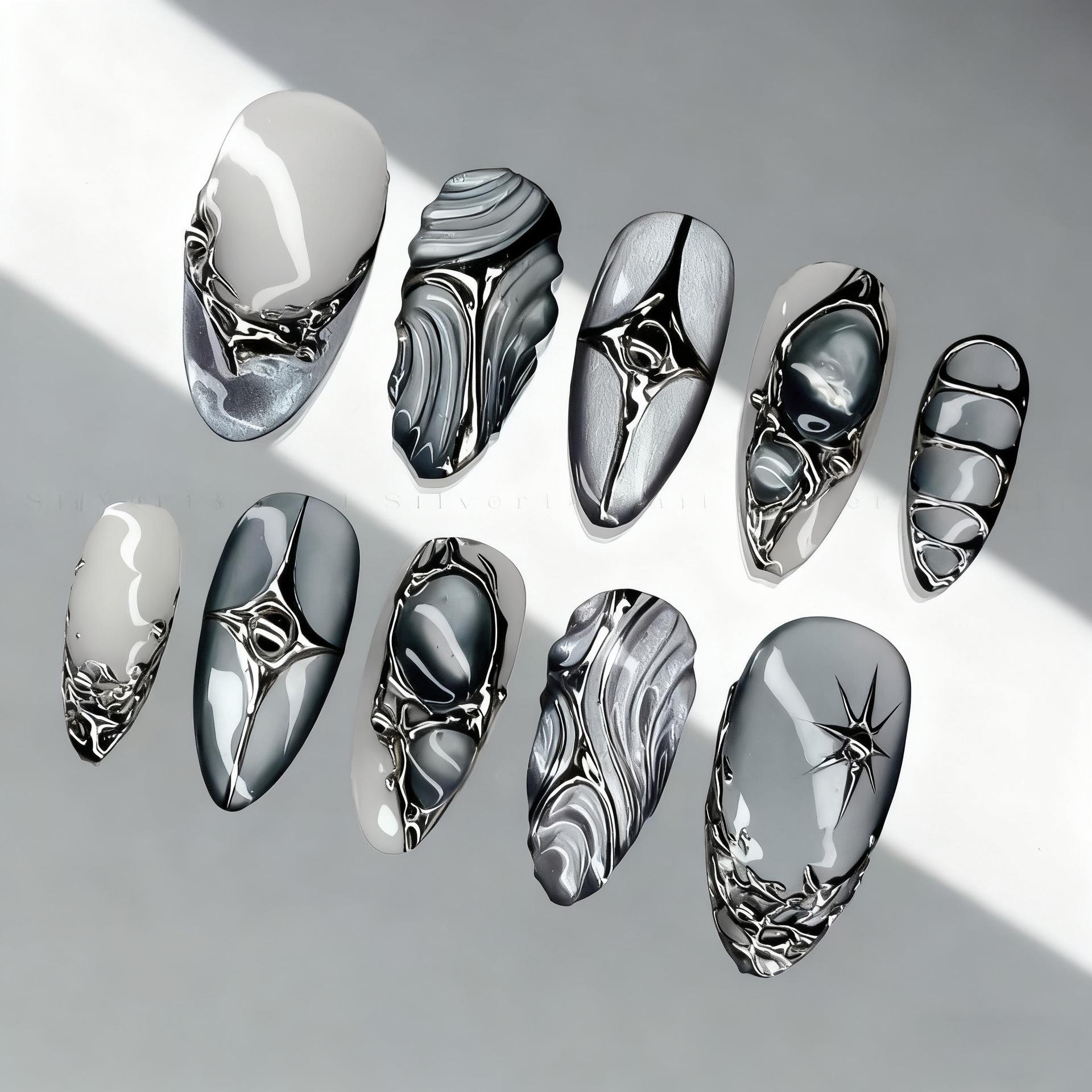30-Piece 3D Dark Gray Rhinestone Star-Embellished Almond Nail Tips