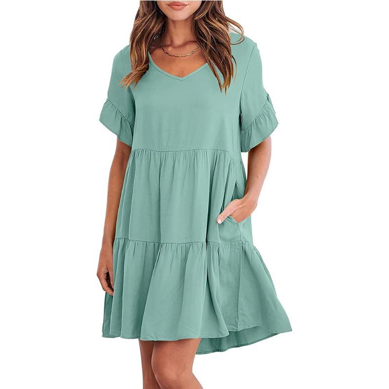 Short Sleeve V-neck A-line Summer Dress Women Elegant Pleated Loose Casual Dress Fashion Party Holiday Short Dresses Female 337
