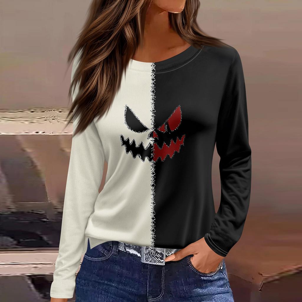 Women's Halloween Print Long Sleeve Round Neck Casual Top with Side Slit