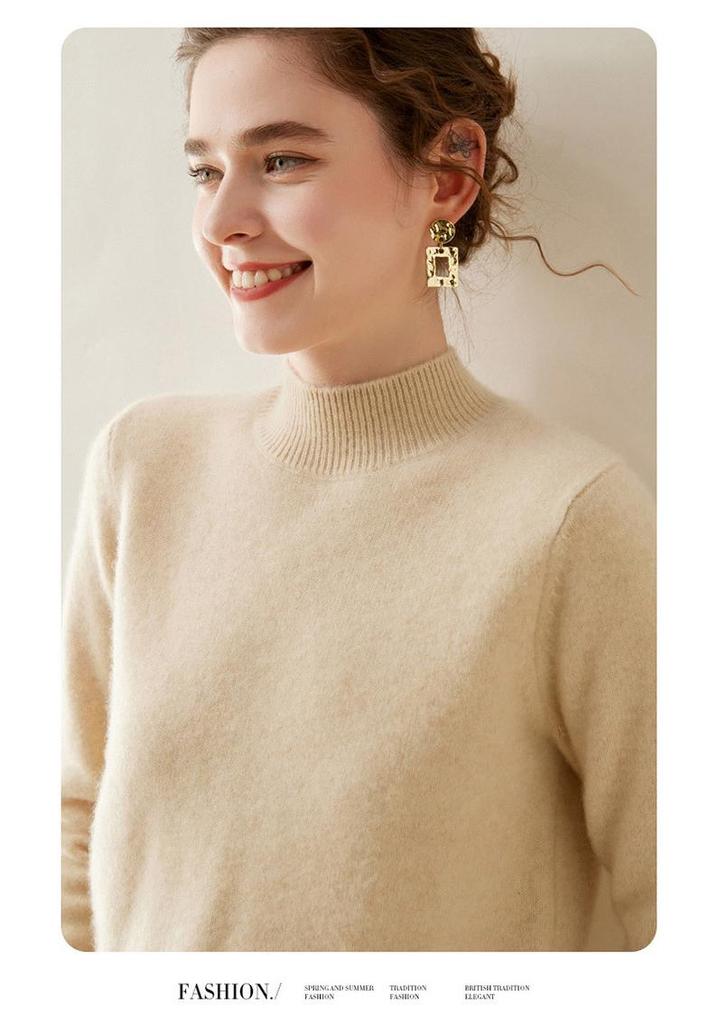 Women's Slim-Fit Half-High Neck Warm Cashmere Knitted Sweater Pullover - Versatile Autumn/Winter Wear