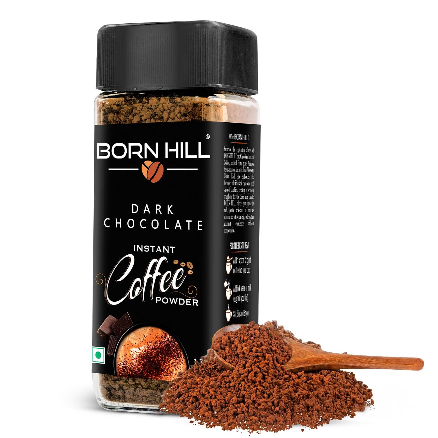 

BORN HILL Dark Chocolate Instant Coffee, 50g | 100% Arabica & 0% Chicory | Rich Chocolate Flavor | Makes 25 cups | Hot & Cold Brew | Vegan | Prem