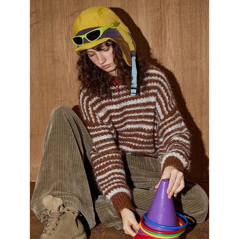 Coolhut Lazy Style High-End Striped Round Neck Soft and Loose Pullover 2025 Winter Women's Knitted Sweater