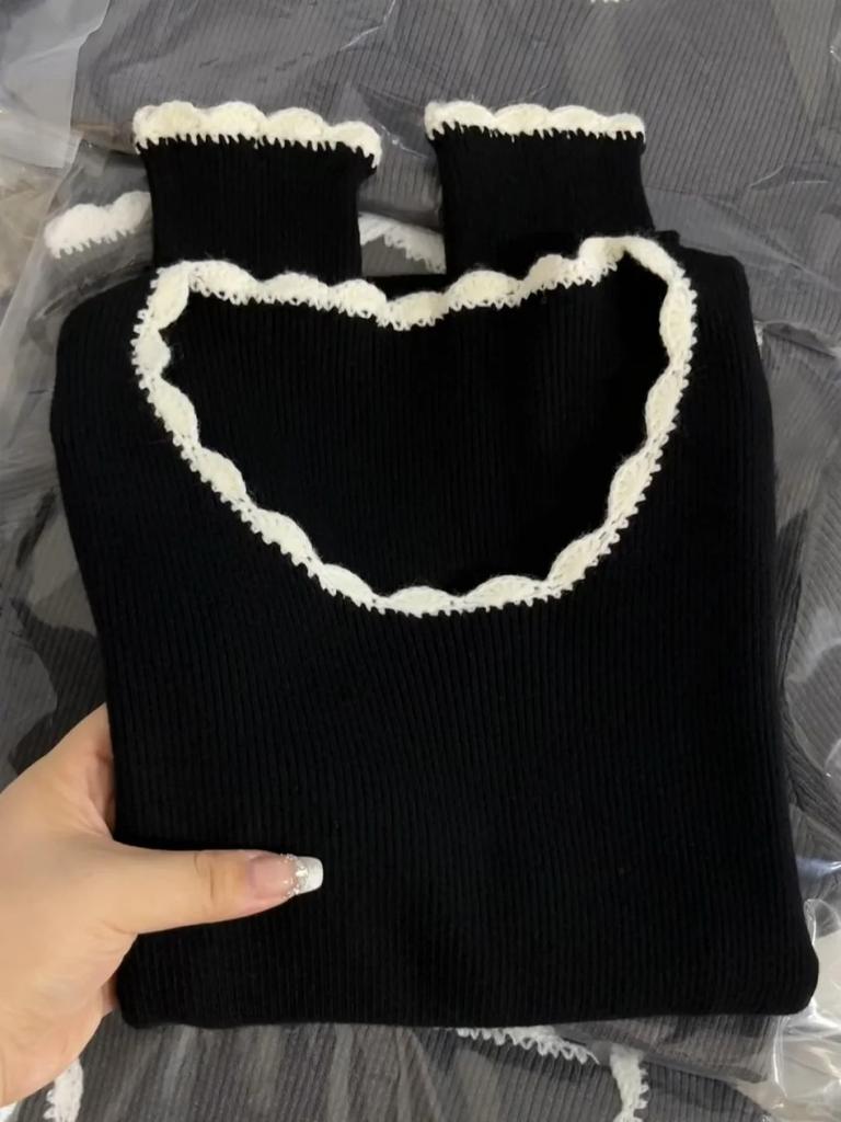 Square collar leaking collarbone knitted sweater women's spring contrasting color lace slim inside bottoming top sweet and spicy sweater