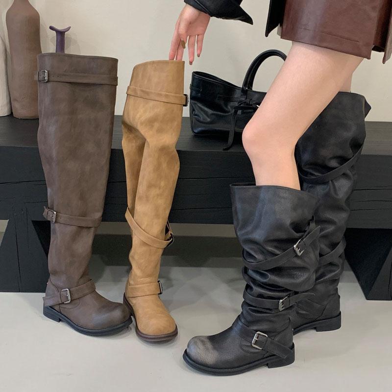 Fashion Eilyken Winter Punk Pleated Round Toe Women Over The Knee Boots Designer Buckle Strap Square Heels Shoes Botas Mujer