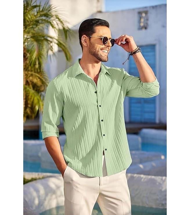 Men's Casual Button Down Shirts Long Sleeve Linen Shirt Fashion Textured Beach Summer Shirt