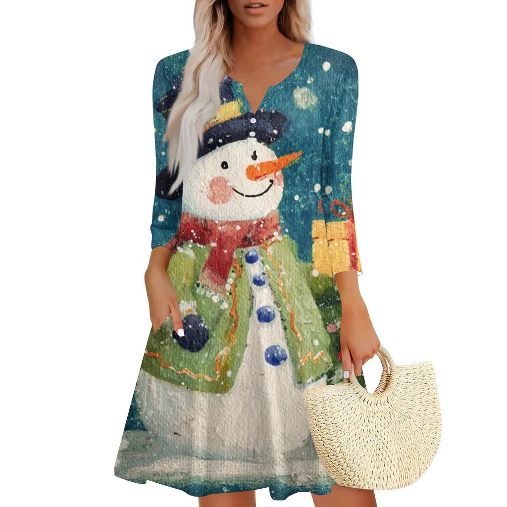 Women's Christmas Printed Fashionable V-neck Button Seven Part Cuff Pocket Dress