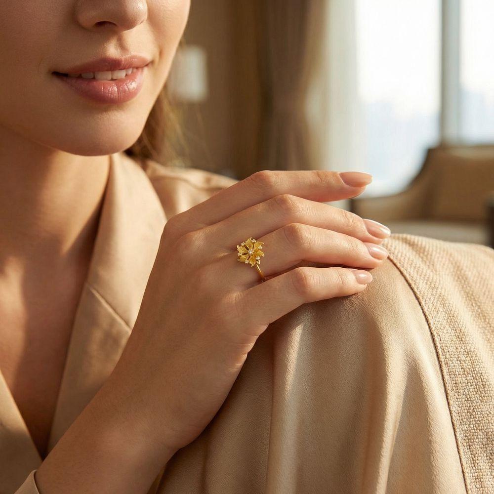 Gold Plated Floral Adjustable Ring Copper Gold Jewelry Accessories Peony Rhinestone Rings  Wedding