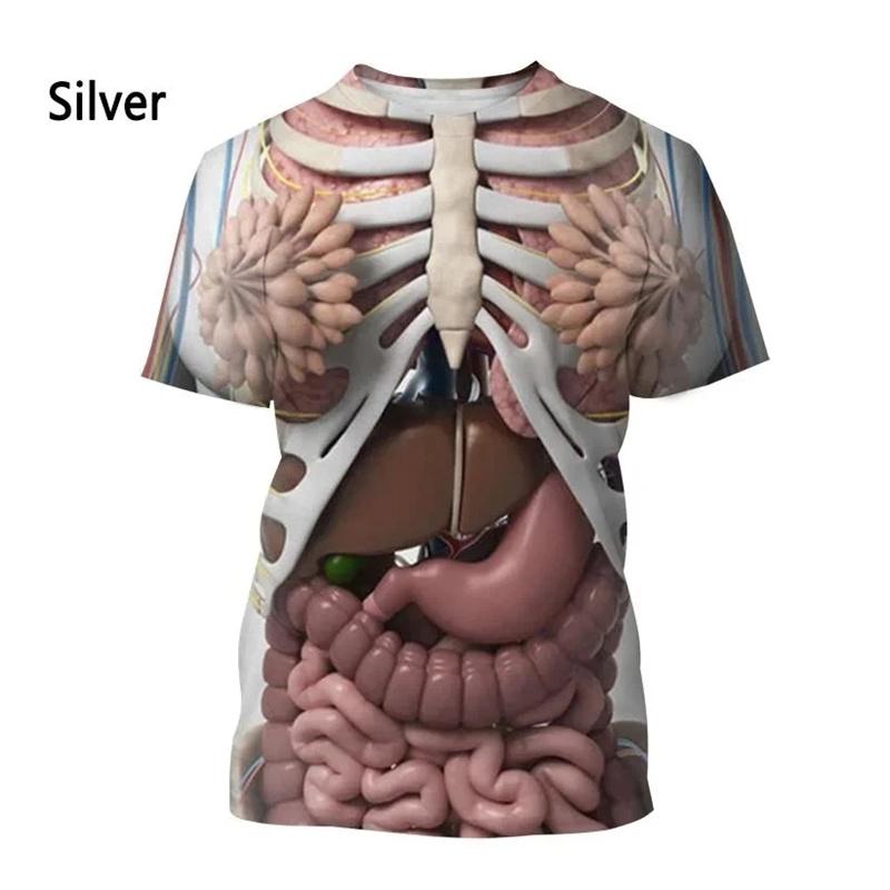 Camisetas Padrão Órgãos Humanos Ossos Para Homens Personalidade Estampadas 3D Verão Casual Manga Curta Soltas Camisetas Gola Redonda Tops