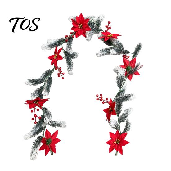 Covered Porch Fence Decoration 5.9Ft Artificial Christmas Poinsettia Garland with Frosted Pine Branch and Red Flexible Plastic Vines Berries, Festive