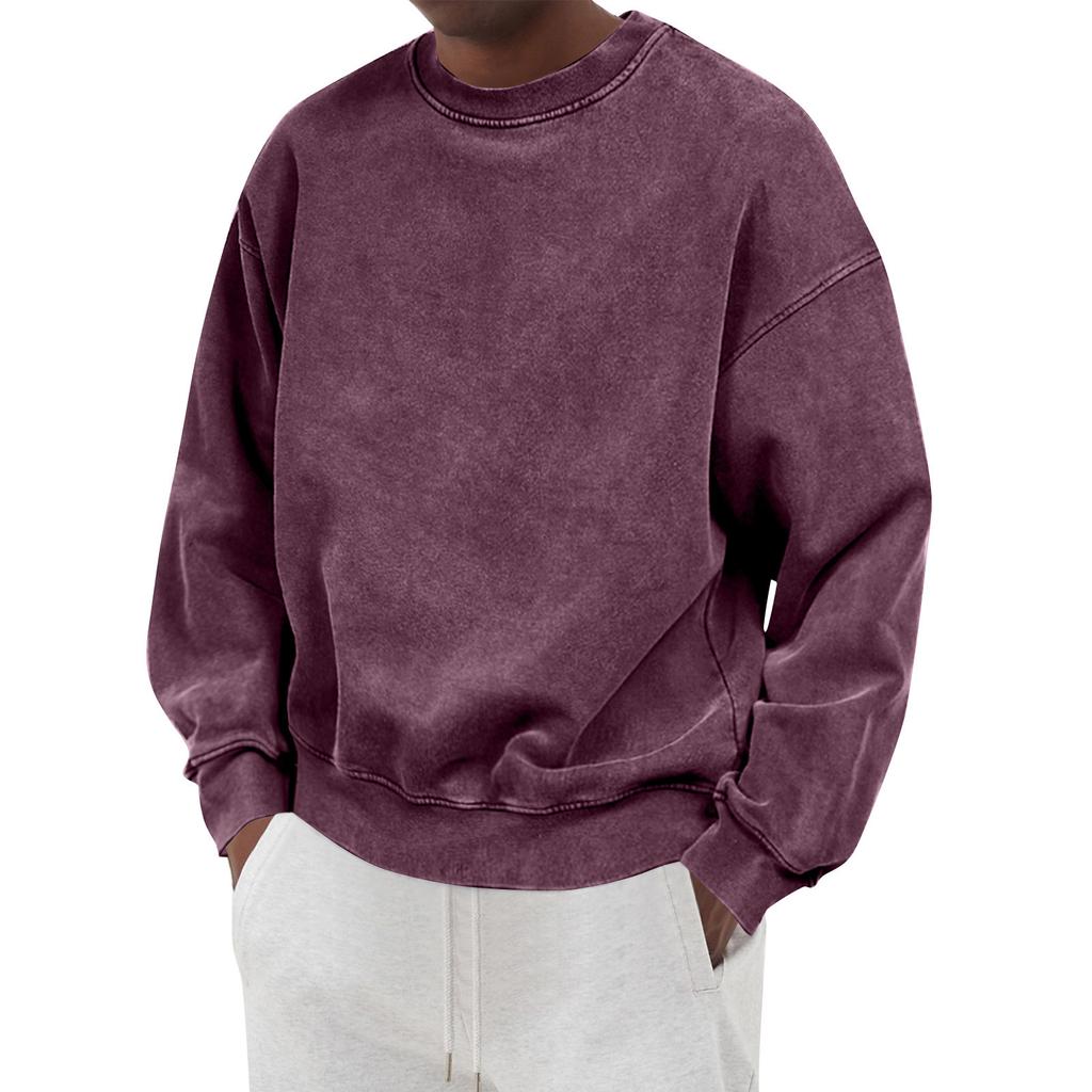 Men's Solid Color Washed Long Sleeve Round Neck Sweatshirt Men's Casual Fashion Sweatshirt