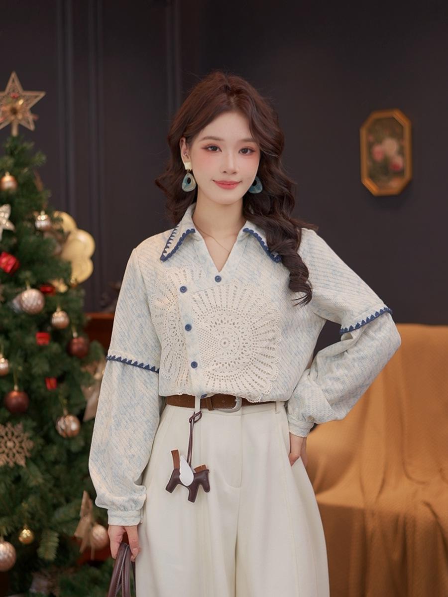 

DaYuanSAD Chasing the Wind Women s Loose Fit Long-Sleeve Textured Shirt Top #G15194 Medium светло-синий