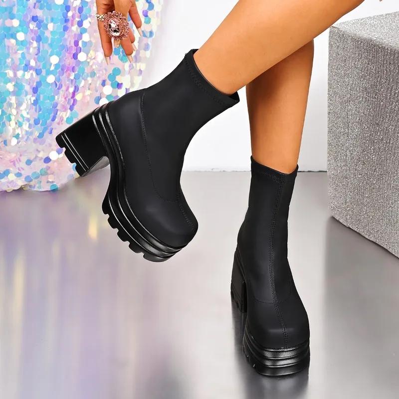 Women's Boots Platform Sole Square Heel One Kick Shoes Women Leisure Dress 10.5cm Heel High Concise Classic Zapatillas De Mujer