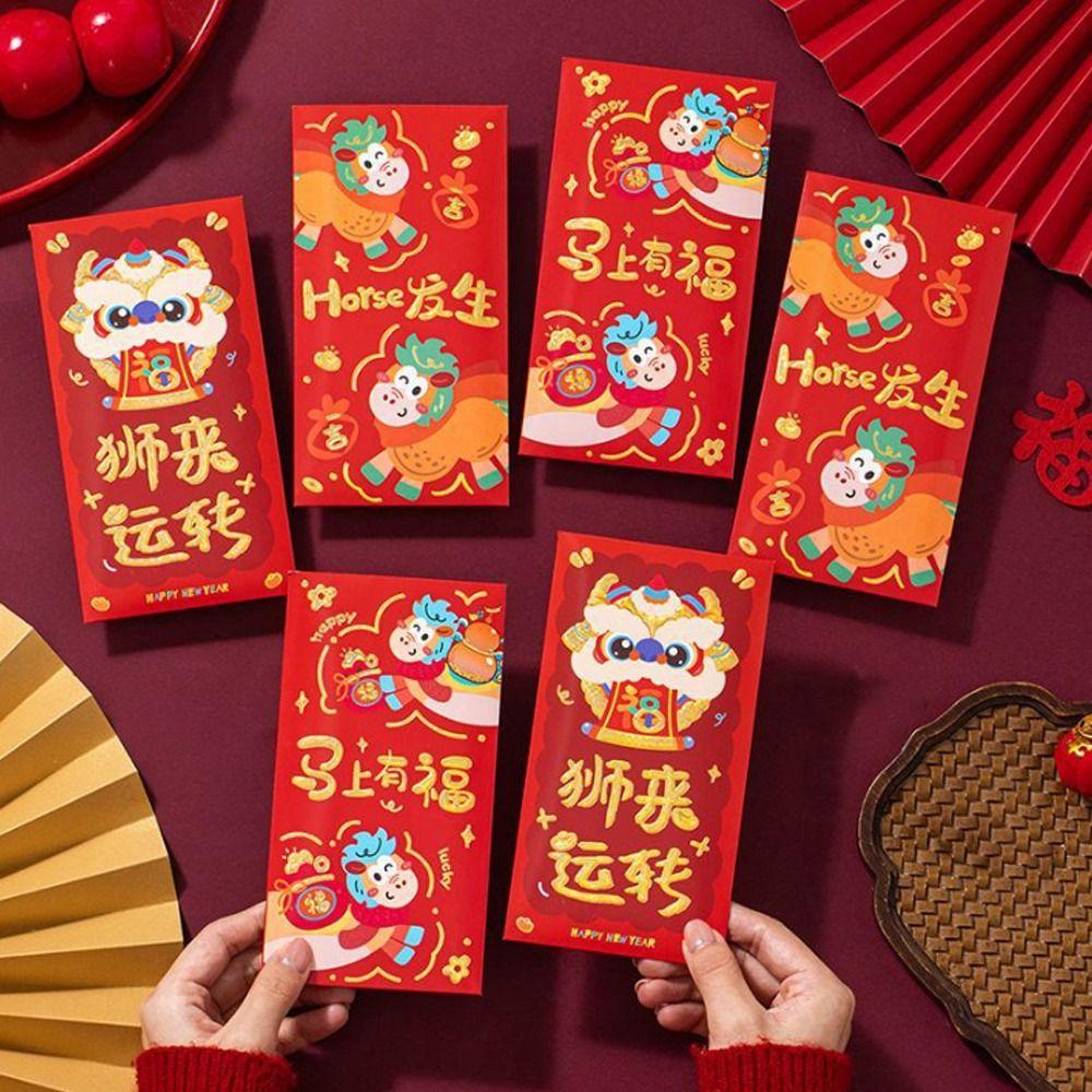 6pcs Cartoon New Year Red Envelopes Hongbao 2026 Horse Year Spring Festival Red Packets Traditional Blessing Words Money Pouch