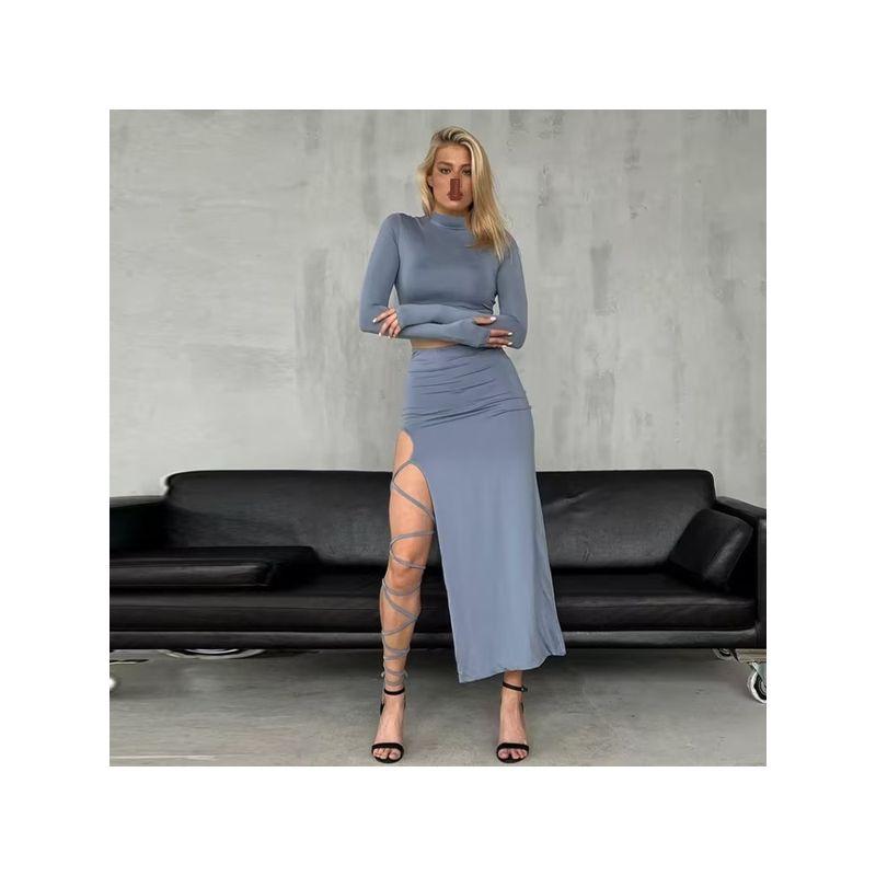 Xiaoke Wiwi European and American Ins Style Sexy Temperament Hollow out Long sleeve Top Irregular Skirt Fashion Two-piece Set