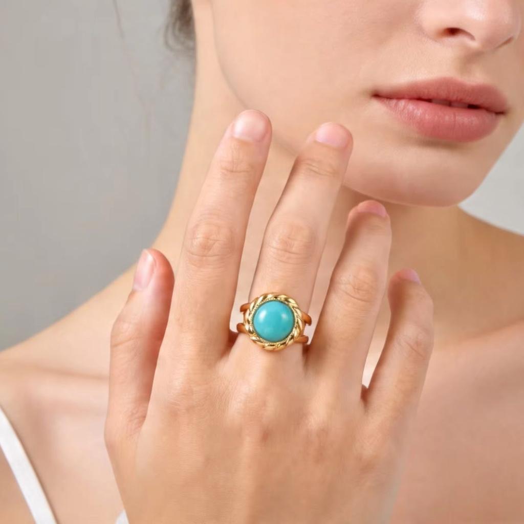Vintage Blue Natural Stone Rings for Women, Luxury Stainless Steel 18k Gold-Plated Open Ring, Bohemian Fashion Jewelry Gift