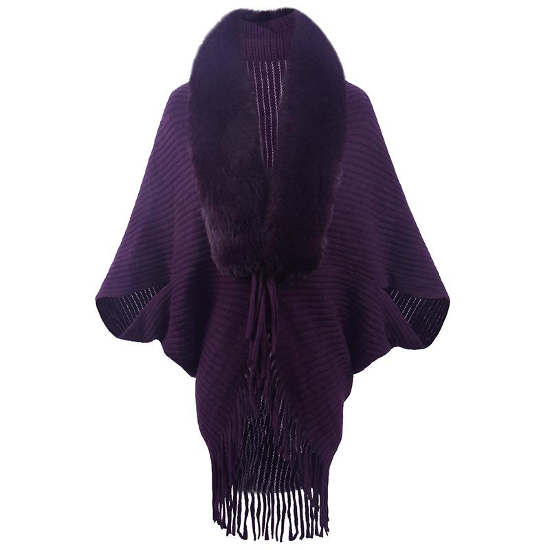 Poncho Châle Cape en Tricot avec Col en Fourrure et Franges pour Femme Vêtement d'Extérieur Chaud