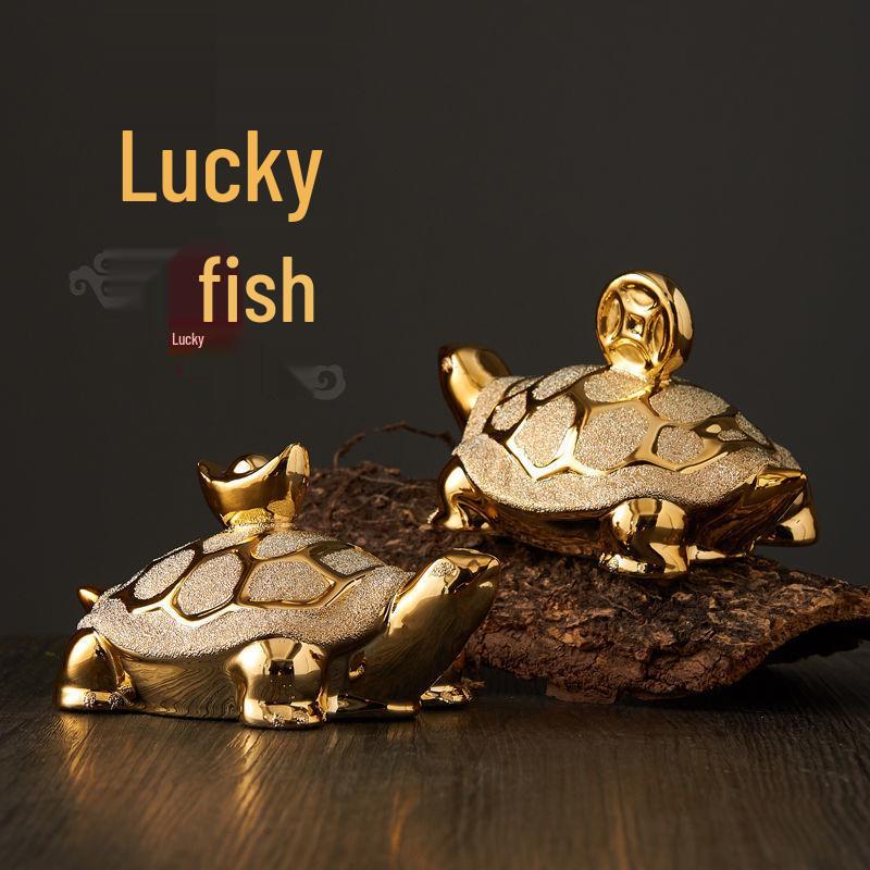 Gold-Plated Ceramic Turtle Figurine - Feng Shui Home Decor Ornament