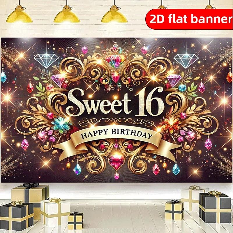 2D Flat 16 Year Old Background Fabric Flag Party Tapestry Indoor and Outdoor Banner Decoration Holiday Party Birthday Decoration