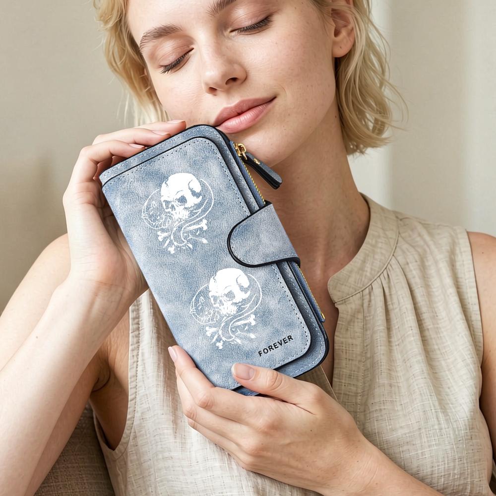 Gothic Skull Cat Print Long Wallet Forever PU Leather Purse Card Holder