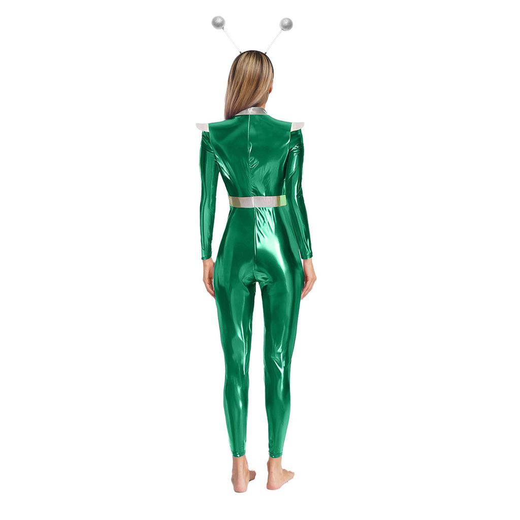 Womens Alien Robot Astronaut Cosplay Costume Metallic Shiny Full Body Unitard Long Sleeve Jumpsuit