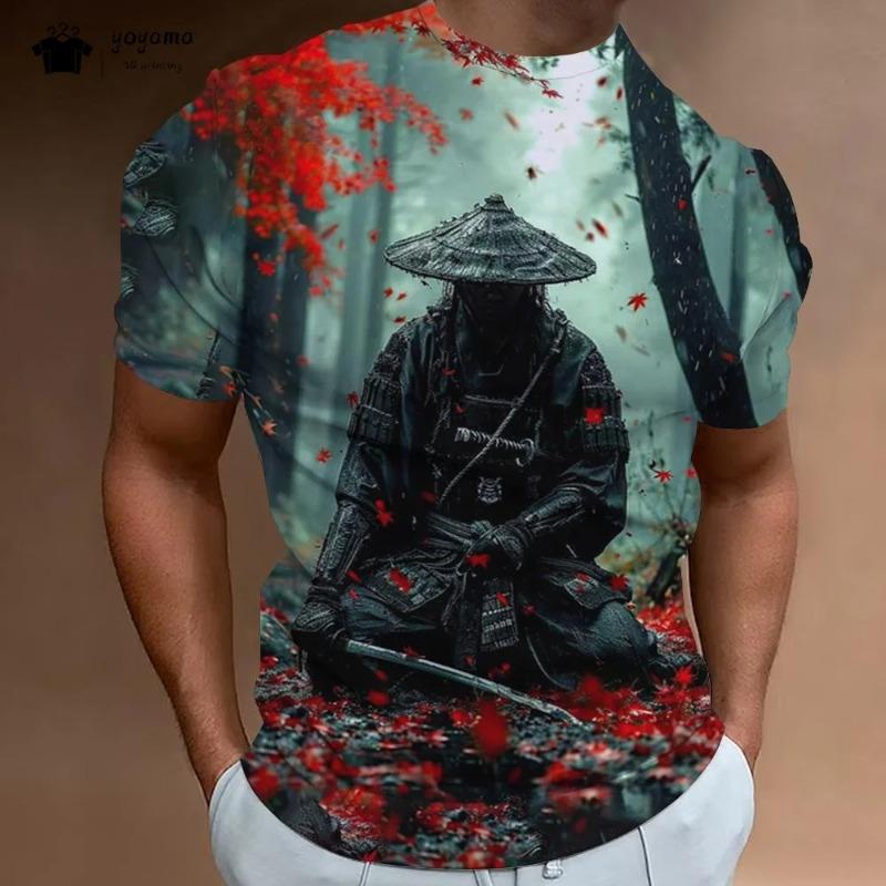 Vintage 3D Samurai Pattern T-Shirt Men Summer Outdoor Men Top Fashion Breathable Men Short Sleeve Tee Round Neck Men's Clothing
