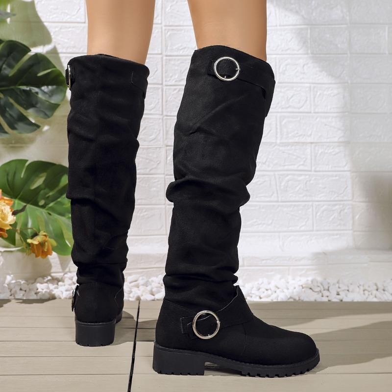 Women's Large Size Belt Buckle Slouch Boots Chunky Heel Knee-High Fashion Boots.