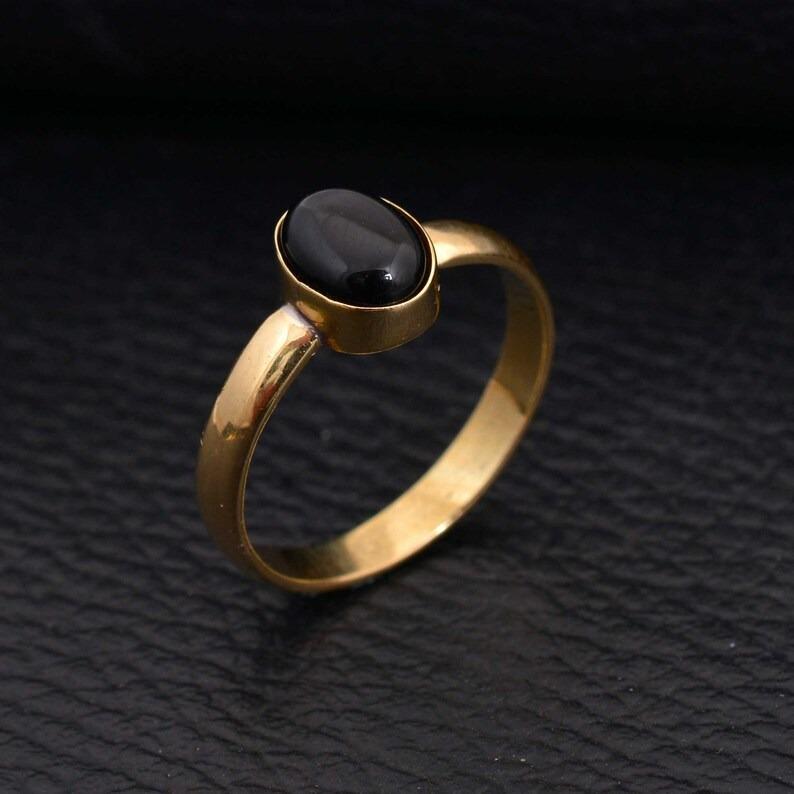 Black Onyx Oval Cabochon Gemstone Ring, Yellow Gold Ring, 925 Silver Ring, Handmade Ring, Stackable Ring, Bezel Ring, Wedding Gift