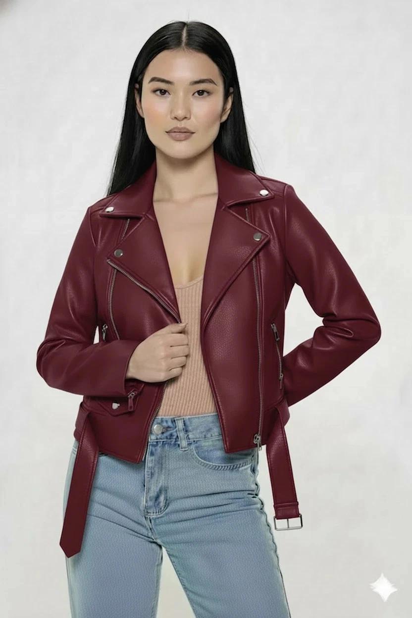 

Women s Wear Casual Leather Soft Jacket Burgundy Genuine Lambskin Handmade Stylish 3XL бордовий