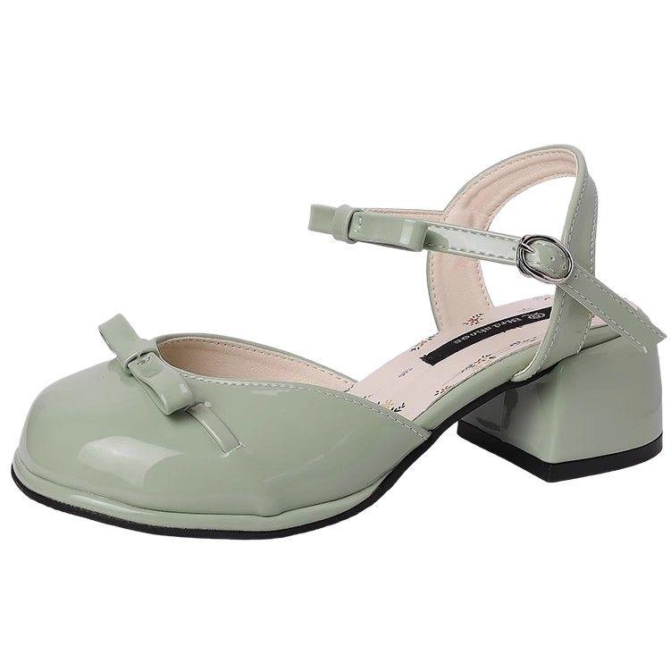 Fairy style bow women's wedge heel single shoes wear summer open-toed square head with skirt temperament high-heeled slippers tide