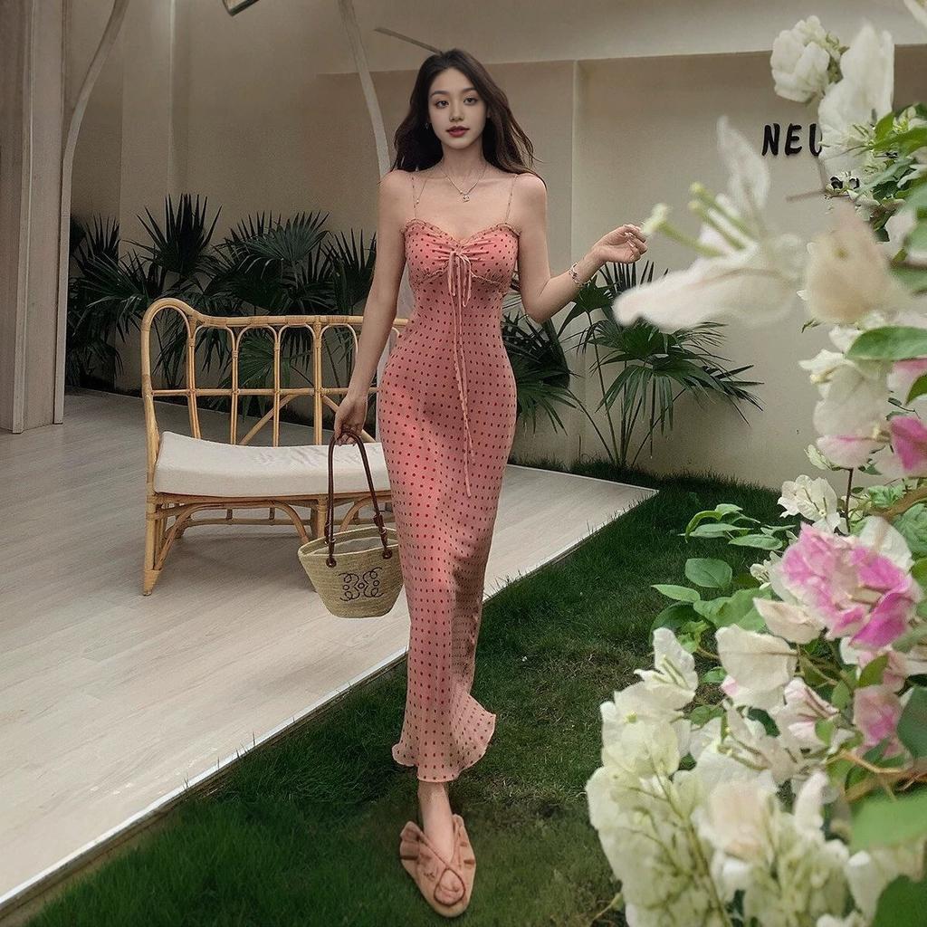 French Polka Dot Backless Spaghetti Strap Dress for Women, Summer Waist-cinching Figure-hugging Skirt, Pure Vacation Style Long Skirt