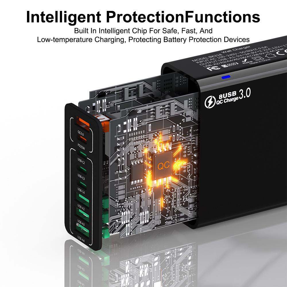Fast 8-Port Charger: 4 USB, 4 PD, 55W, QC3.0 – Compatible with European, American, Korean Standards
