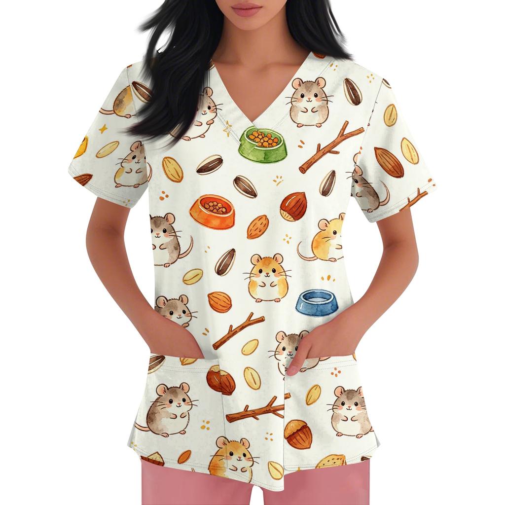 Top da Lavoro da Donna con Scollo a V e Maniche Corte con Tasche, Stampa Animalier, Camice Medico per Professionisti Sanitari, Uniforme da Infermiere