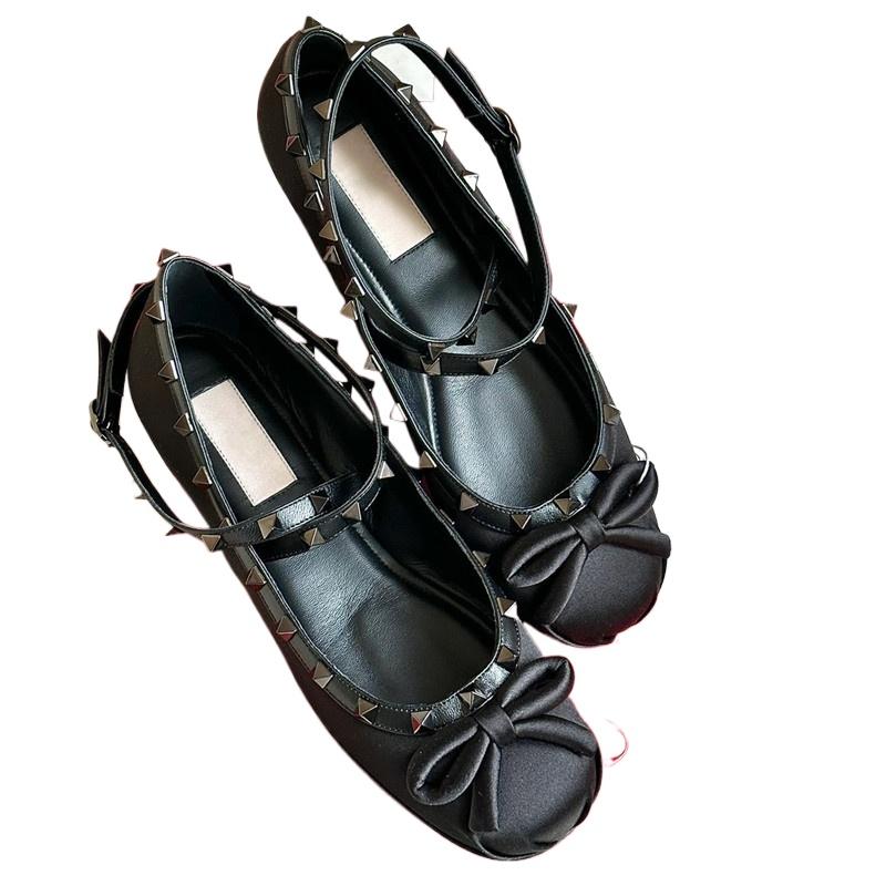 Fashion NEW French Style Rivets Bandage Round Toe Women's Bow Silk Satin Ballet Flat Spring/Autumn Flats Bow Princess Girls Women Shoes