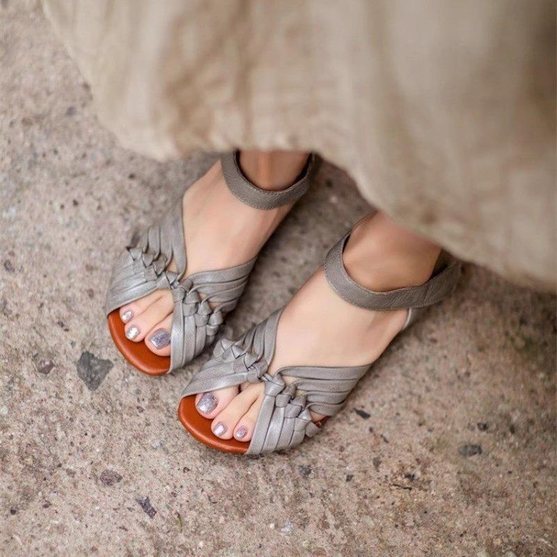 Fashion Hand-woven Flat Women's Shoes Summer New Retro Peeping Toe Women's Sandals Real Leather Low Heel Sandals Zapatos De Mujer