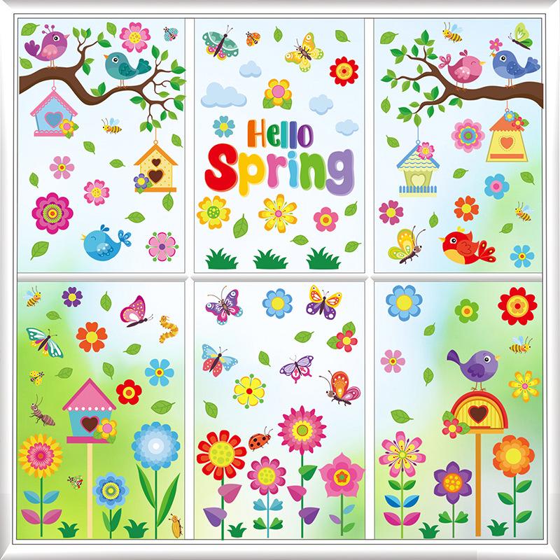 Cartoon Cute Spring Flowers Indoor Bedroom Living Room Background Wall Decoration PVC Electrostatic Stickers Window Glass Stickers