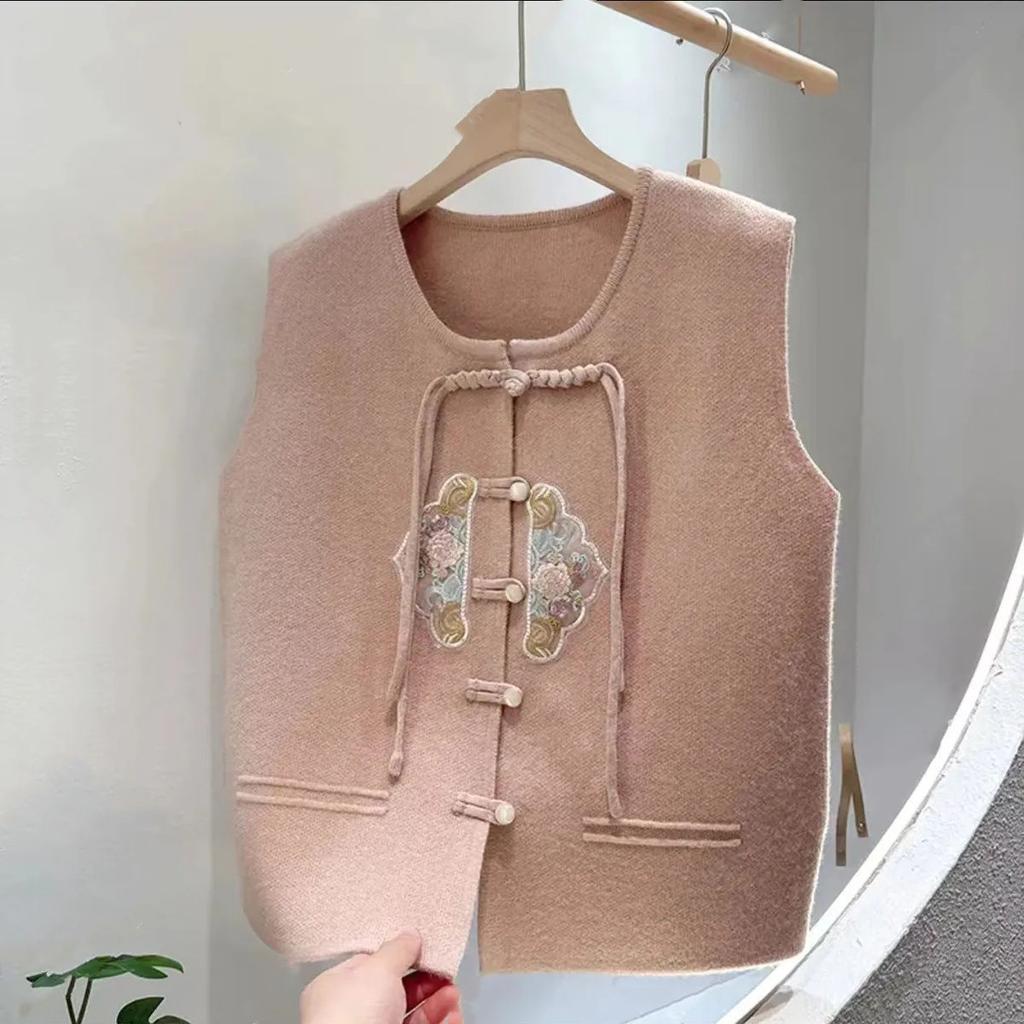 Vest Gilet Spring and Autumn Button Outerwear Chinese Style National Wind Versatile Embroidered Cardigan Knitted Outer Sweater Women's