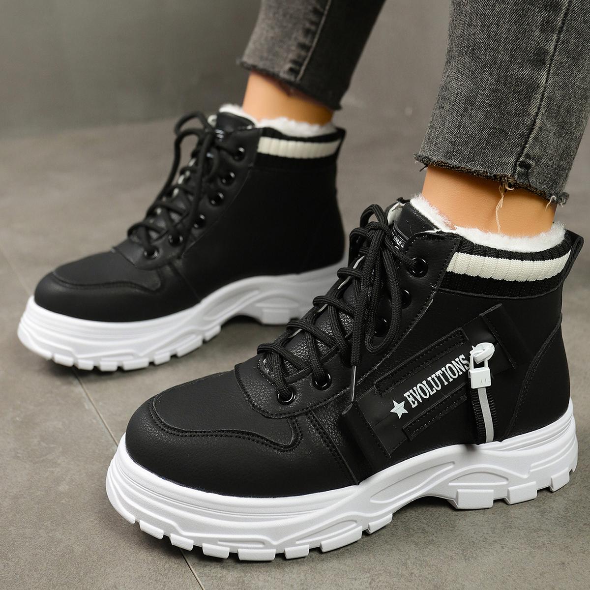 

Женские кроссовки 2025 Новые хлопковые ботинки на мягкой подошве Модные кроссовки с круглым носком на шнуровке Нескользящая износостойкая плюшевая обувь для женщин 36 чёрный