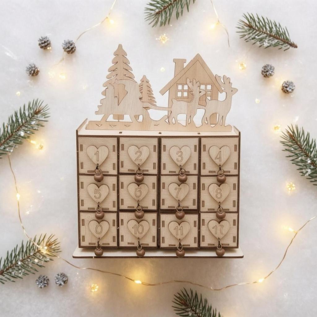 Wooden Storage Box with Drawers Cut Trinket Decorative Advent Calendar for