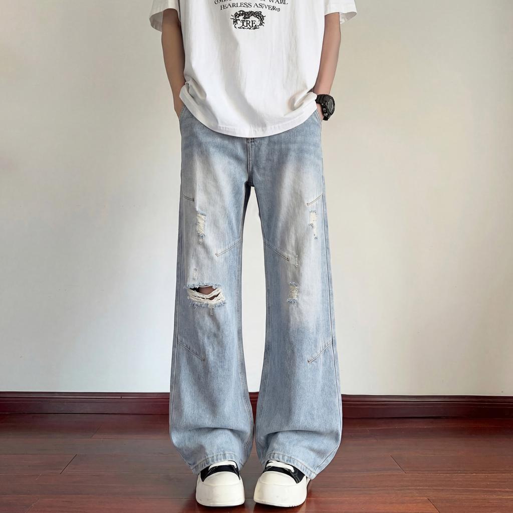 Summer American High Street Ripped Jeans Men's Wide-leg Floor-mopping Pants Thin Breathable and Thin Versatile Casual Men's Pants
