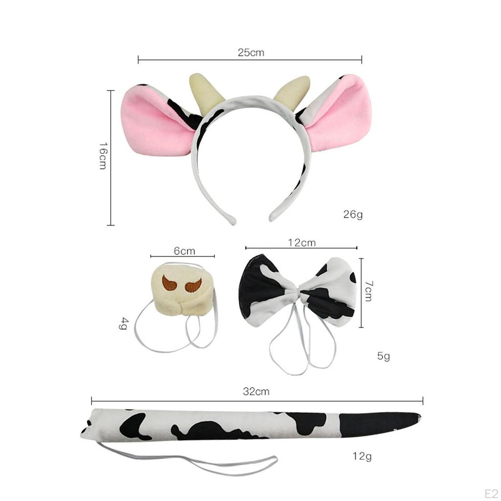 4 Animal Cow Costume Set Headband Nose Bow Tie Tail Hairband Headwear Elastic for Halloween