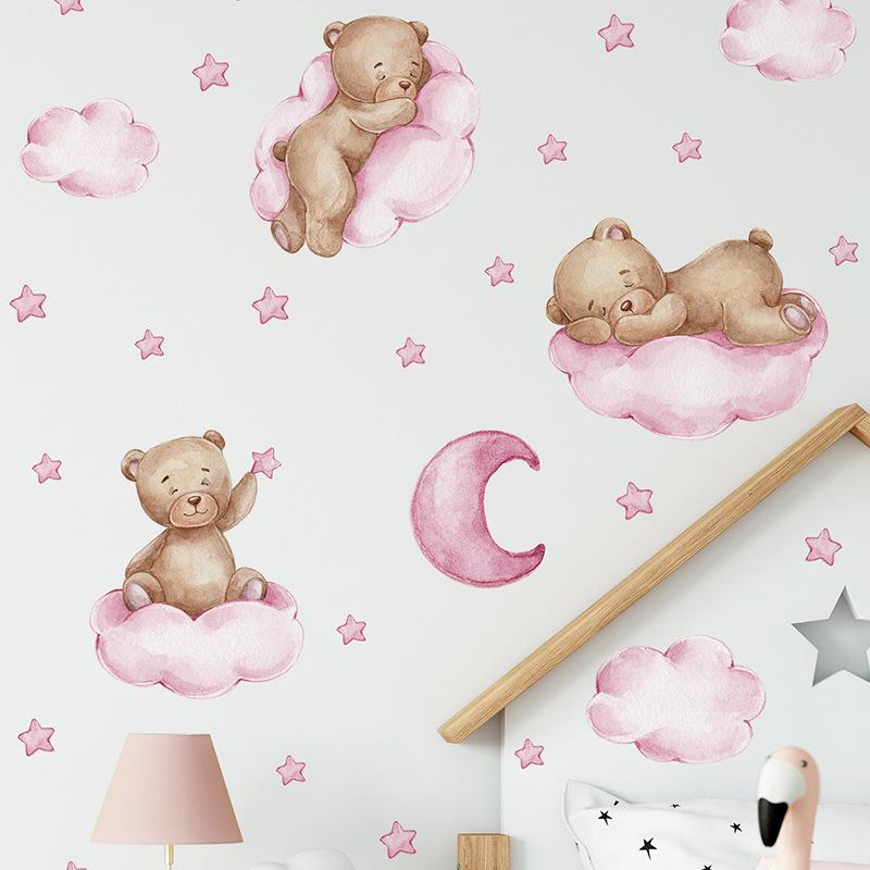 Cartoon Blue Teddy Bear Moon Wall Stickers For Kids Room Baby Nursery Decor Bedroom Wall Decals