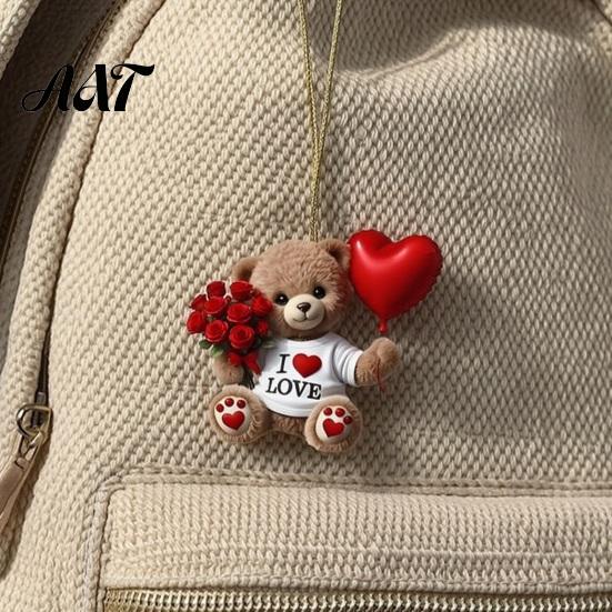 Heart Balloon Hanging Decoration Teddy Bear Ornament, Holding Red Rose Bouquet Decoration, Ornament Car Rearview Mirror 2D Flat Acrylic