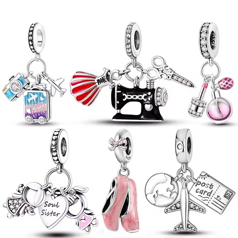 925 Silver travel Airplane and luggage Charms Beads Fits 3mm Bracelet Necklace DIY Women Jewelry Gifts