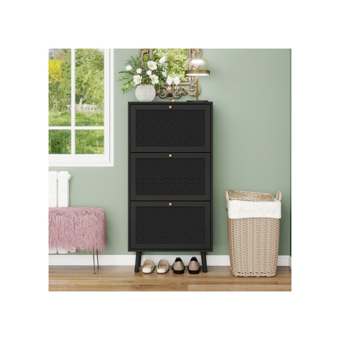 Meuble à chaussures - MUVOE - Noir - 3 niveaux - Design bohème - Pieds en bois de pin